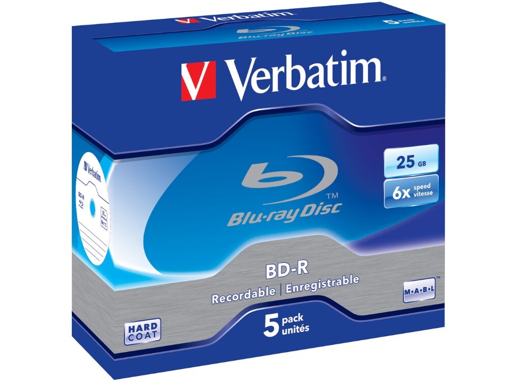 Płyta VERBATIM Hard Coat BD-R, 25 GB, 6x (5 szt.)
                płyta w opakowaniu pojemność 25gb duże ilości danych obsługa prędkości zapisu 6x odporność na kurz wilgoć zmiany temperatury powłoka hard coat