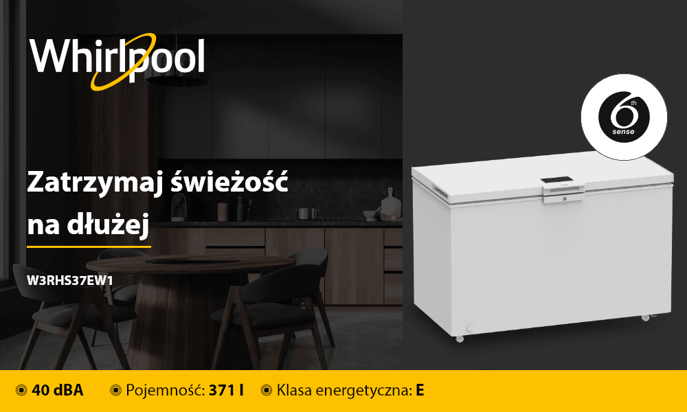 ZAMRAŻARKA WHIRLPOOL W3RHS37EW1 Zdjęcie przedstawia zamrażarkę skrzyniową Whirlpool ustawioną na tle kuchni, obok hasła „Zatrzymaj świeżość na dłużej”. Na dole grafiki wyróżniono kluczowe parametry urządzenia: 41 dBA, pojemność 142 l oraz klasę energetyczną E