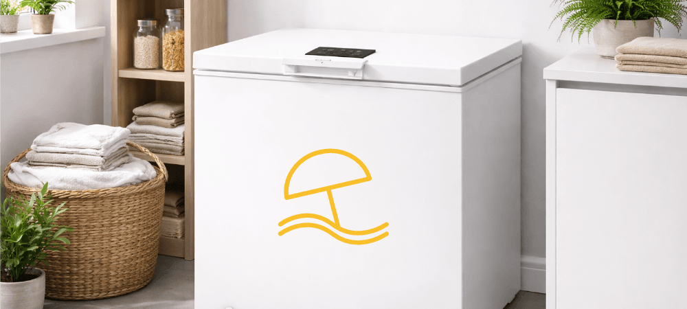 ZAMRAŻARKA WHIRLPOOL W3RHS37EW1 W jasnym, domowym pomieszczeniu zamrażarka Whirlpool oznaczona jest ikoną parasola i fal, symbolizującą tryb wakacyjny lub oszczędne działanie podczas nieobecności. Otoczenie tworzą rośliny i tekstylia, budując przytulną atmosferę tryb wakacyjny oszczędność energii spokój optymalne warunki