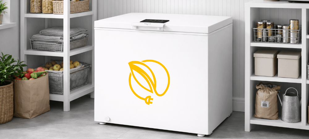 ZAMRAŻARKA WHIRLPOOL W3RHS37EW1 Zdjęcie prezentuje zamrażarkę z dużą żółtą ikoną liścia połączonego z wtyczką, co symbolizuje energooszczędność. Otoczenie spiżarni podkreśla praktyczny charakter urządzenia Tryb ECO niższe zużycie oszczędność optymalne warunki
