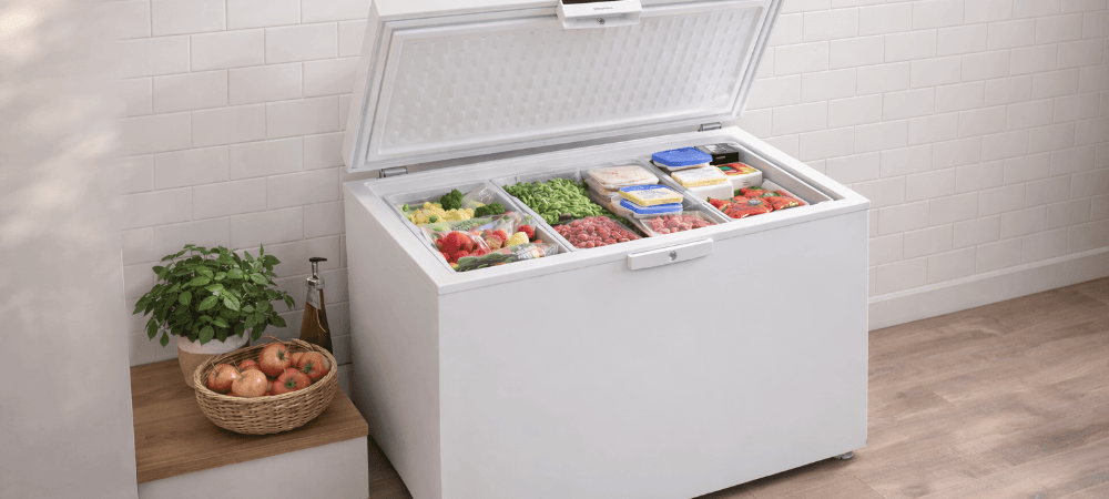 ZAMRAŻARKA WHIRLPOOL W3RHS37EW1 Na zdjęciu widać otwartą zamrażarkę pełną świeżych produktów — warzyw, owoców, mięsa i mrożonek. Jasne wnętrze i przestronny podział koszy podkreślają dużą pojemność i wygodę użytkowania praktyczny układ trwała konstrukcja wygoda design funkcjonalność
