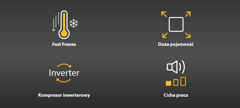 ZAMRAŻARKA WHIRLPOOL W3RHS37EW1 Grafika prezentuje cztery ikony funkcji: szybkie mrożenie Fast Freeze, dużą pojemność, kompresor inwerterowy oraz cichą pracę. Minimalistyczny, ciemny layout podkreśla charakter urządzenia fast freeze duża pojemność kompresor inwerterowy cicha praca