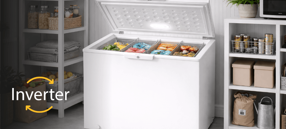 ZAMRAŻARKA WHIRLPOOL W3RHS37EW1 Zdjęcie pokazuje otwartą zamrażarkę Whirlpool umieszczoną w domowej spiżarni, z widoczną ikoną „Inverter” po lewej stronie. Wnętrze jest jasno oświetlone i pełne posegregowanych produktów kompresor inwerterowy oszczędność energii