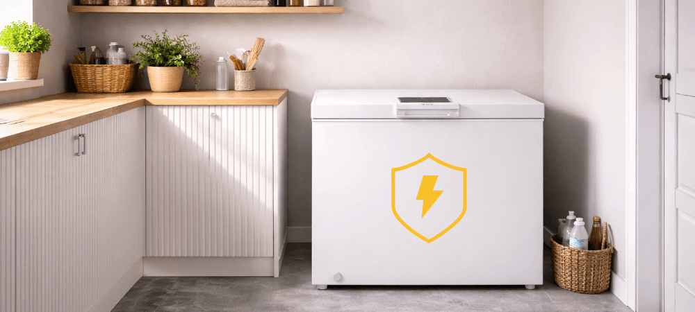 ZAMRAŻARKA WHIRLPOOL W3RHS37EW1 Zdjęcie przedstawia białą zamrażarkę skrzyniową ustawioną w jasnej, przytulnej pralni lub pomieszczeniu gospodarczym, z drewnianym blatem i licznymi roślinami w tle. Na froncie urządzenia widnieje duża, żółta ikona tarczy z błyskawicą, symbolizująca ochronę lub zabezpieczenie energetyczne blokada ochronna bezpieczeństwo ochrona ustawień