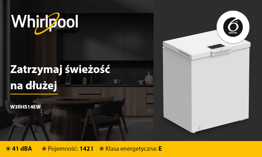 ZAMRAŻARKA WHIRLPOOL W3RHS14EW Zdjęcie przedstawia zamrażarkę skrzyniową Whirlpool ustawioną na tle kuchni, obok hasła „Zatrzymaj świeżość na dłużej”. Na dole grafiki wyróżniono kluczowe parametry urządzenia: 41 dBA, pojemność 142 l oraz klasę energetyczną E