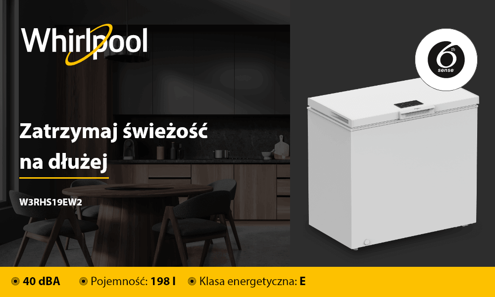 ZAMRAŻARKA WHIRLPOOL W3RHS19EW2 Zdjęcie przedstawia zamrażarkę skrzyniową Whirlpool ustawioną na tle kuchni, obok hasła „Zatrzymaj świeżość na dłużej”. Na dole grafiki wyróżniono kluczowe parametry urządzenia: 41 dBA, pojemność 142 l oraz klasę energetyczną E
