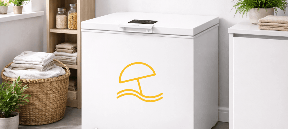 ZAMRAŻARKA WHIRLPOOL W3RHS19EW2 W jasnym, domowym pomieszczeniu zamrażarka Whirlpool oznaczona jest ikoną parasola i fal, symbolizującą tryb wakacyjny lub oszczędne działanie podczas nieobecności. Otoczenie tworzą rośliny i tekstylia, budując przytulną atmosferę tryb wakacyjny oszczędność energii spokój optymalne warunki