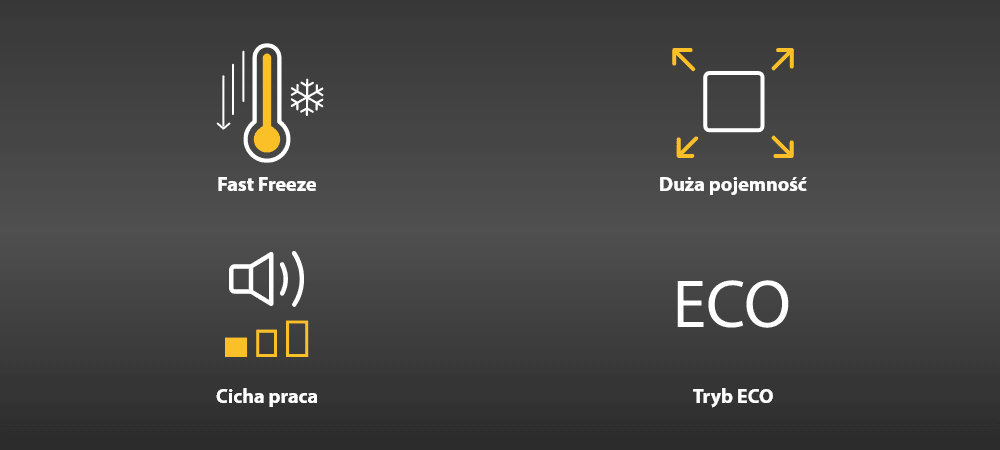 ZAMRAŻARKA WHIRLPOOL W3RHS19EW2 Grafika prezentuje cztery ikony funkcji: szybkie mrożenie Fast Freeze, dużą pojemność, tryb ECO oraz cichą pracę. Minimalistyczny, ciemny layout podkreśla charakter urządzenia fast freeze duża pojemność tryb eco cicha praca