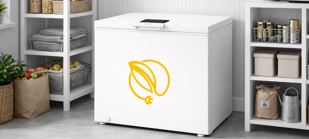 ZAMRAŻARKA WHIRLPOOL W3RHS19EW2 Zdjęcie prezentuje zamrażarkę z dużą żółtą ikoną liścia połączonego z wtyczką, co symbolizuje energooszczędność. Otoczenie spiżarni podkreśla praktyczny charakter urządzenia Tryb ECO niższe zużycie oszczędność optymalne warunki