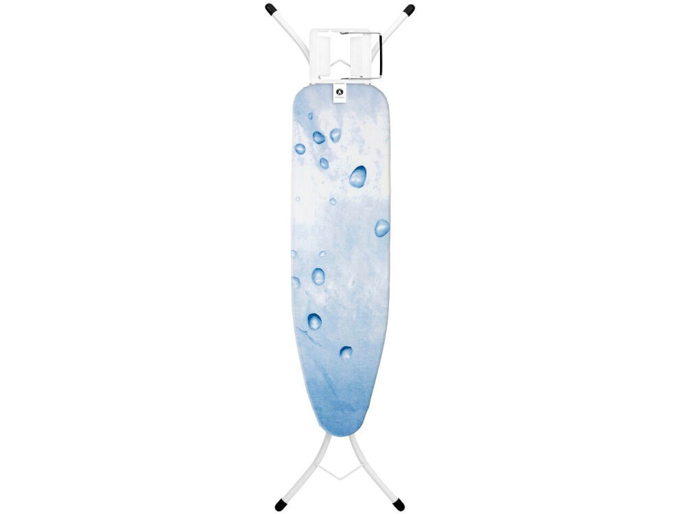 Deska do prasowania BRABANTIA 100628 Ice Water 110 x 30 cm deska złożona kolorowy pokrowiec czarne końcówki nóżek białe tło blat 124 x 38 cm funkcjonalne rozwiązanie solidny uchwyt na żelazka parowe do 15 cm szerokości pokrowiec z trójwarstwowego materiału wygoda, bezpieczeństwo i jakość współczesne gospodarstwo domowe