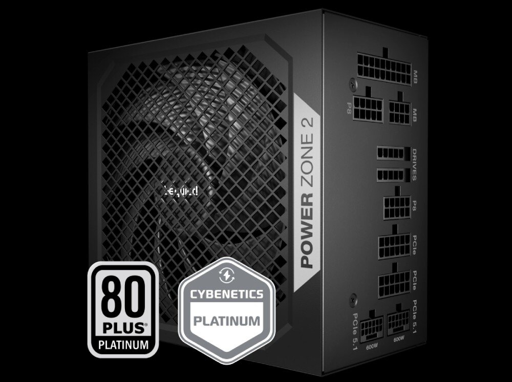 Zasilacz BE QUIET! Power Zone 2 widok na bok i panel modularny zasilacza z gniazdami podpisanymi skrótami komponentów oraz nałożone grafiki certyfikatów '80 PLUS Platinum' i 'Cybenetics Platinum'