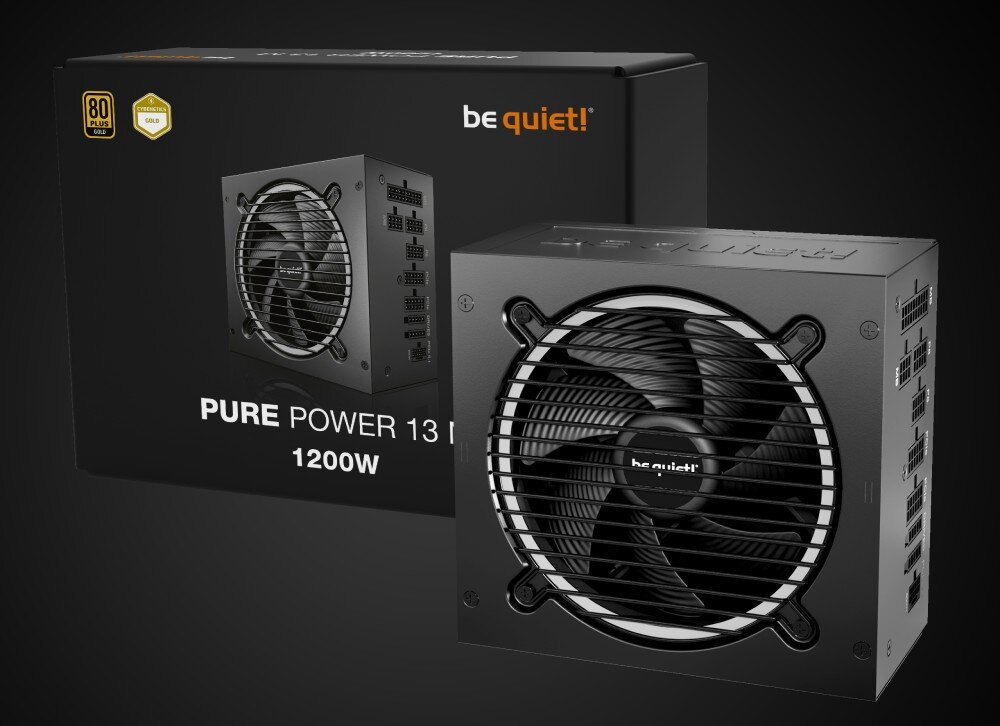 Zasilacz BE QUIET! Pure Power 13 M czarne opakowanie oraz zasilacz komputerowy z widocznym dużym wentylatorem pod kratką i modularnym panelem złącz