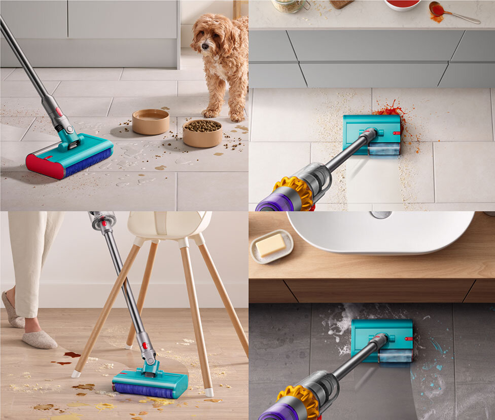 Zdjęcie elektroszczotki Submarine do mycia podłóg sprzątającej rozlany płyn i zabrudzenia wokół misek dla psa