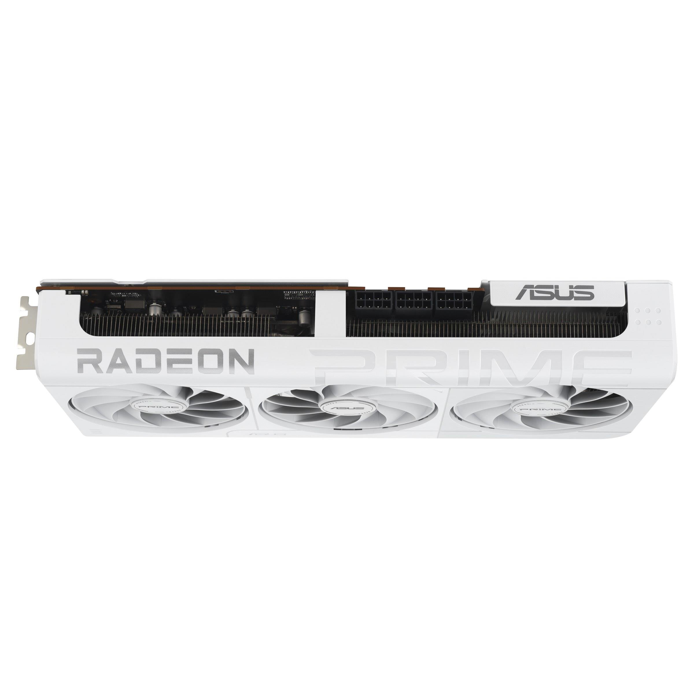 Biała karta graficzna z trzema wentylatorami, na której widoczne są napisy \'RADEON\' i \'ASUS\'.