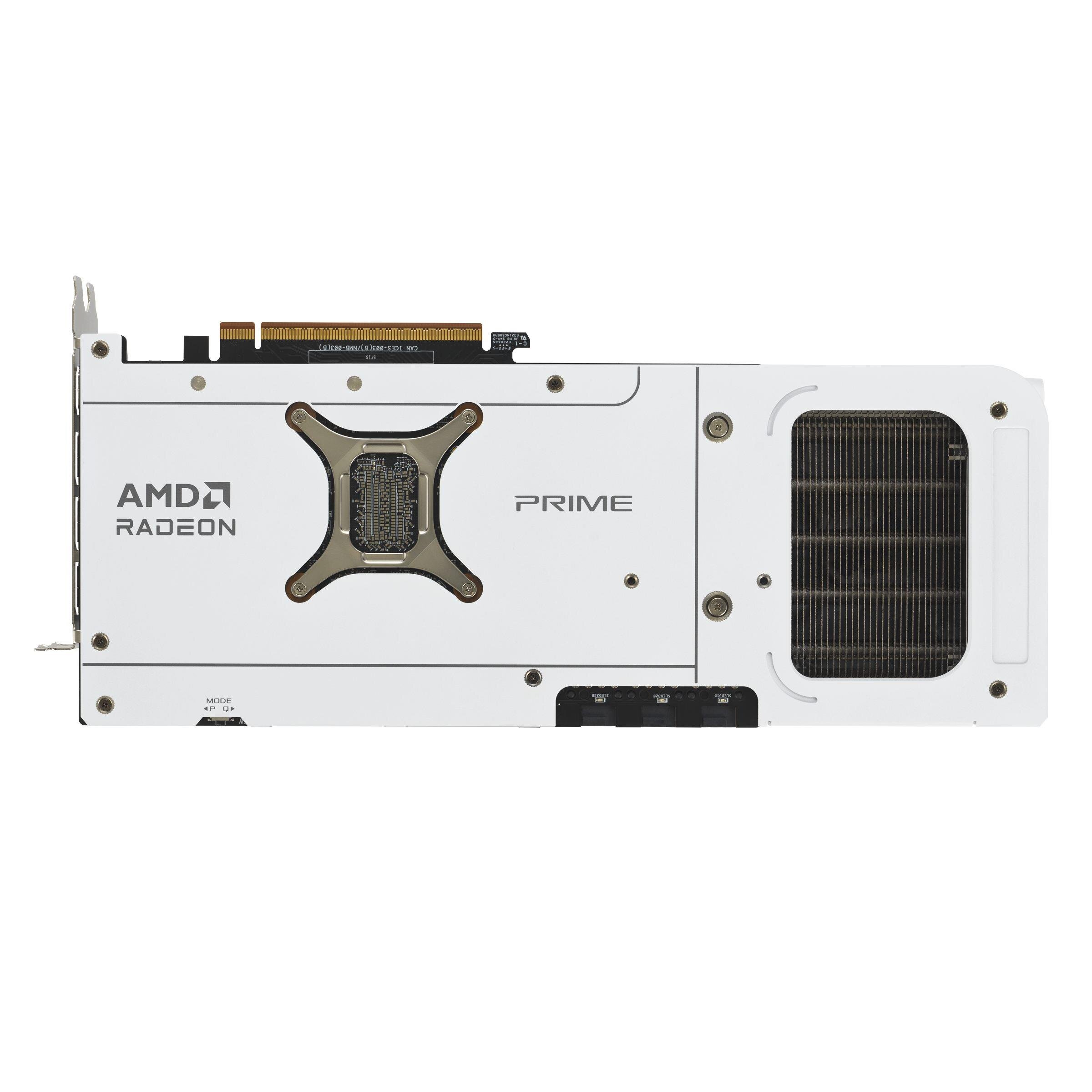 Obraz przedstawia białą kartę graficzną z widocznymi napisami \'AMD RADEON\' i \'PRIME\'. Po prawej stronie znajduje się duży radiator.
