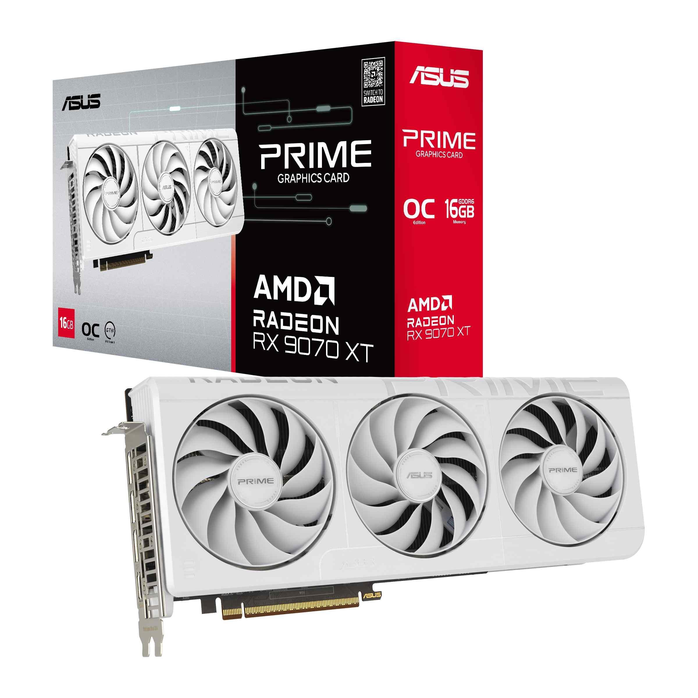 Na obrazie widoczna jest biała karta graficzna z trzema wentylatorami oraz pudełko z napisem \'ASUS PRIME GRAPHICS CARD AMD RADEON RX 9070 XT\'.