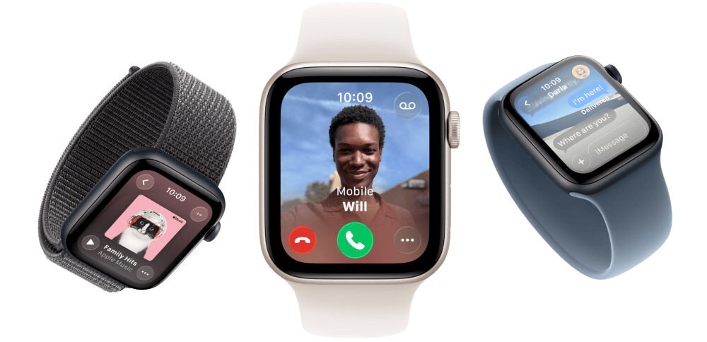APPLE Watch SE 3 Apple Watch SE 3 sieci komórkowej nawet bez iPhone’a siecią komórkową dla dziecka dzwonić i wysyłać wiadomości - zegarek w trzech wersjach na białym tle, przychodzące połączenie