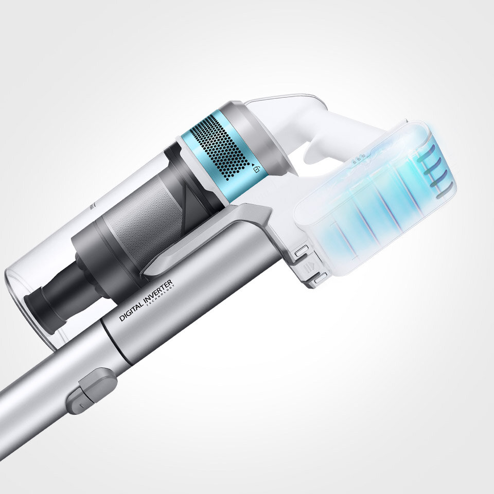 zdjęcie, na którym widać w którym miejscu odkurzacza Samsung Jet 70 turbo mocowana jest bateria