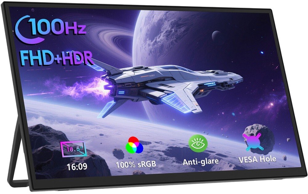 Monitor ZEUSLAP Z18S Monitor w orientacji poziomej z wyświetlonym kosmicznym statkiem, na ekranie oznaczenia '100Hz', 'FHD+HDR', '18.5', '16:09', '100% sRGB', 'Anti-glare', 'VESA Hole', porty, gniazda, kompatybilność