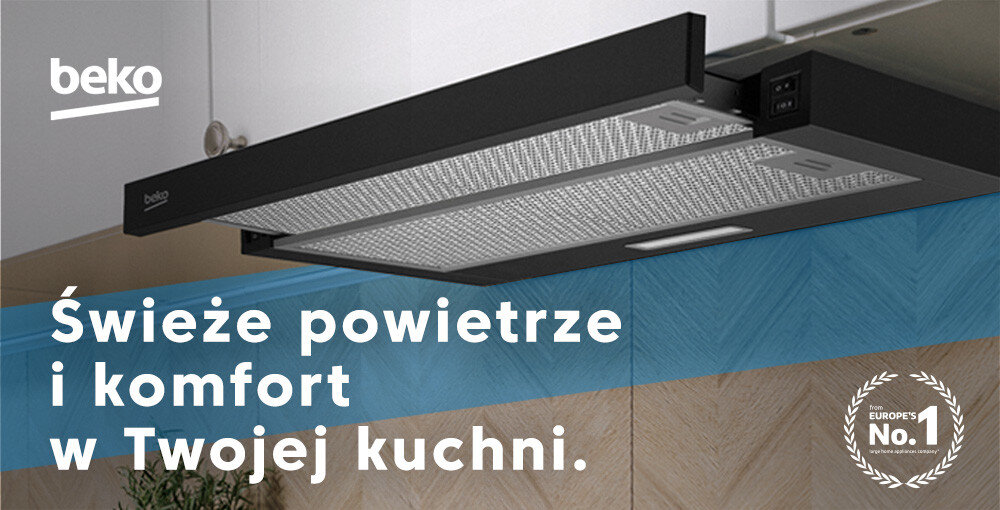 OKAP BEKO HNT61520BH wizualizacja top baner hasło marka widok od dołu teleskopowy czarny do zabudowy