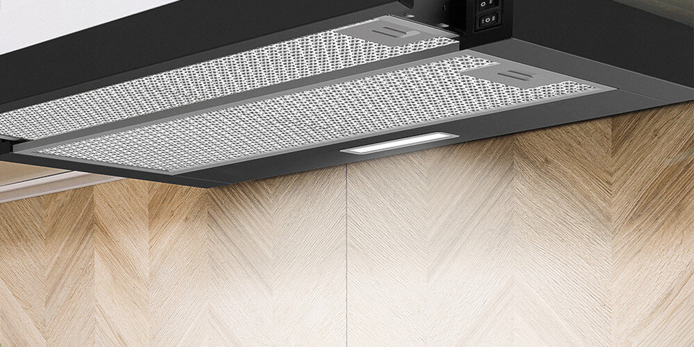 OKAP BEKO HNT61520BH wizualizacja widok od dołu pasek światła włączone Oświetlenie LED jasne światło energooszczędne trwałe doświetlanie delikatne