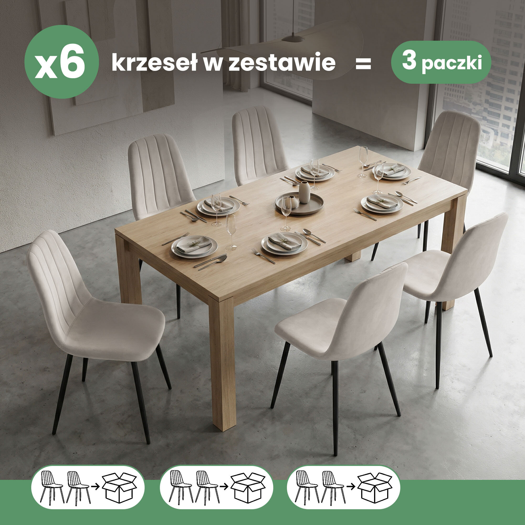 Na obrazie znajduje się drewniany stół z sześcioma beżowymi, welurowymi krzesłami o czarnych nogach. Na górze widnieje napis \'x6 krzeseł w zestawie = 3 paczki\'.
