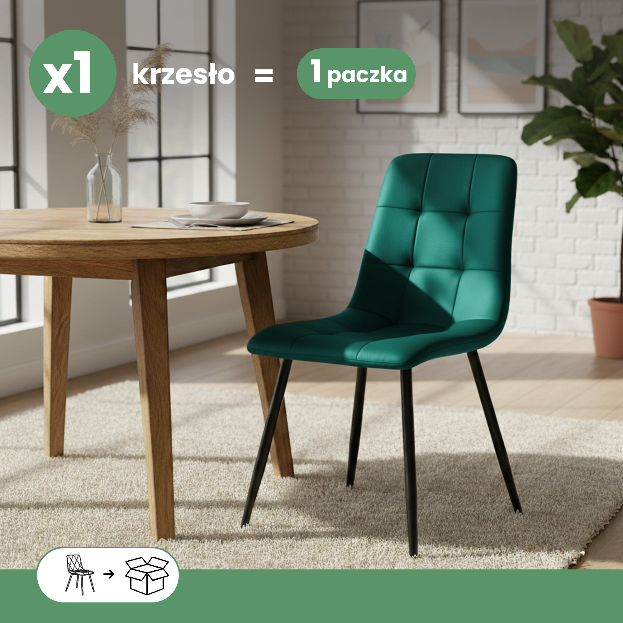 Welurowe krzesło tapicerowane w kolorze butelkowej zieleni z czarnymi nogami stoi obok drewnianego stołu. Na obrazie widoczny jest tekst: \'x1 krzesło = 1 paczka\'.