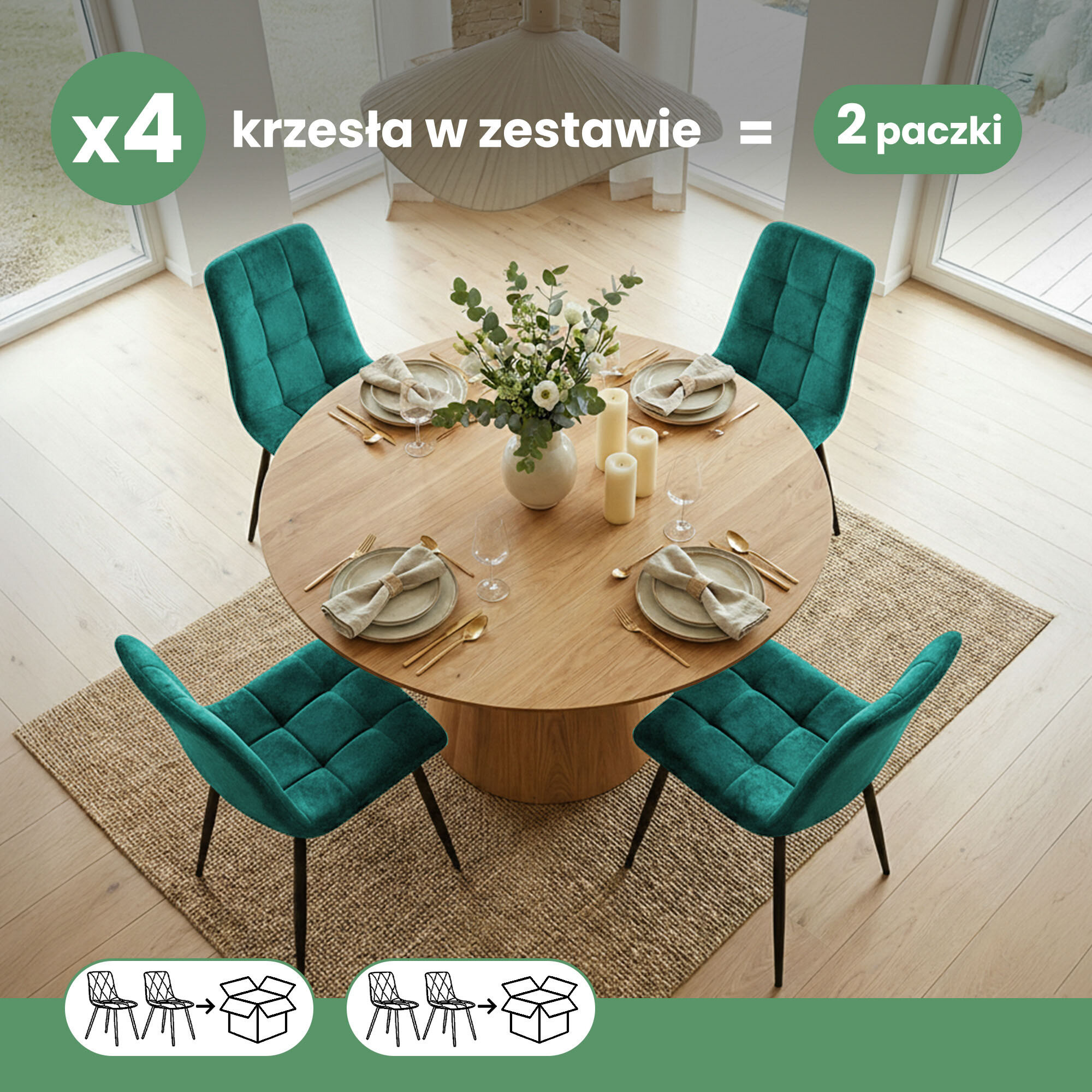 Na obrazie znajduje się okrągły drewniany stół z czterema welurowymi krzesłami w kolorze butelkowej zieleni. Tekst na obrazie: \'x4 krzesła w zestawie = 2 paczki\'.