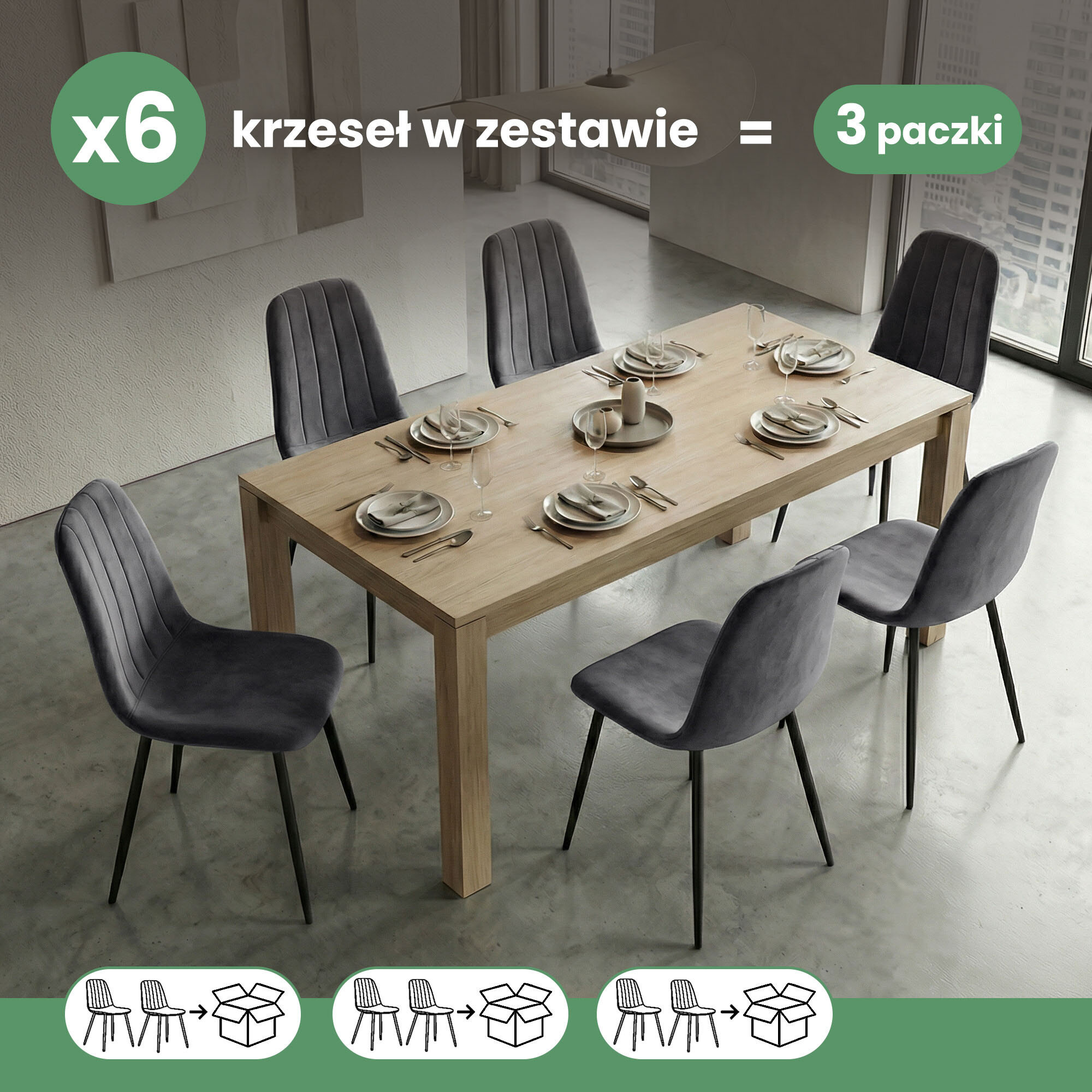 Na obrazie znajduje się drewniany stół z sześcioma ciemnoszarymi, welurowymi krzesłami o czarnych nogach, ustawionymi wokół niego. Na górze obrazu widnieje napis \'x6 krzeseł w zestawie = 3 paczki\'.