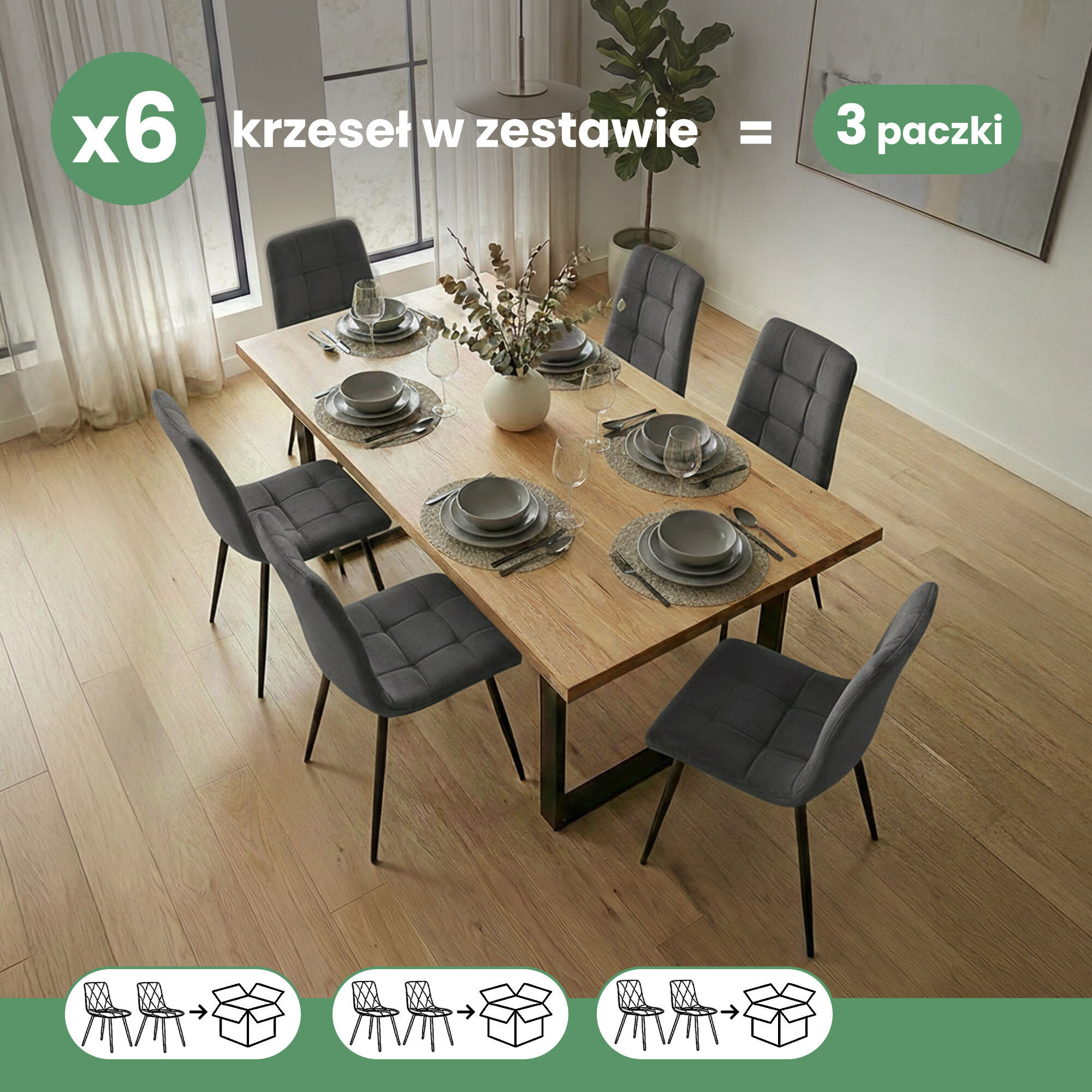 Zdjęcie przedstawia drewniany stół z sześcioma ciemnoszarymi, pikowanymi krzesłami na czarnych nogach, ustawionymi w jadalni. Na obrazie widoczny jest tekst: \'x6 krzeseł w zestawie = 3 paczki\'.
