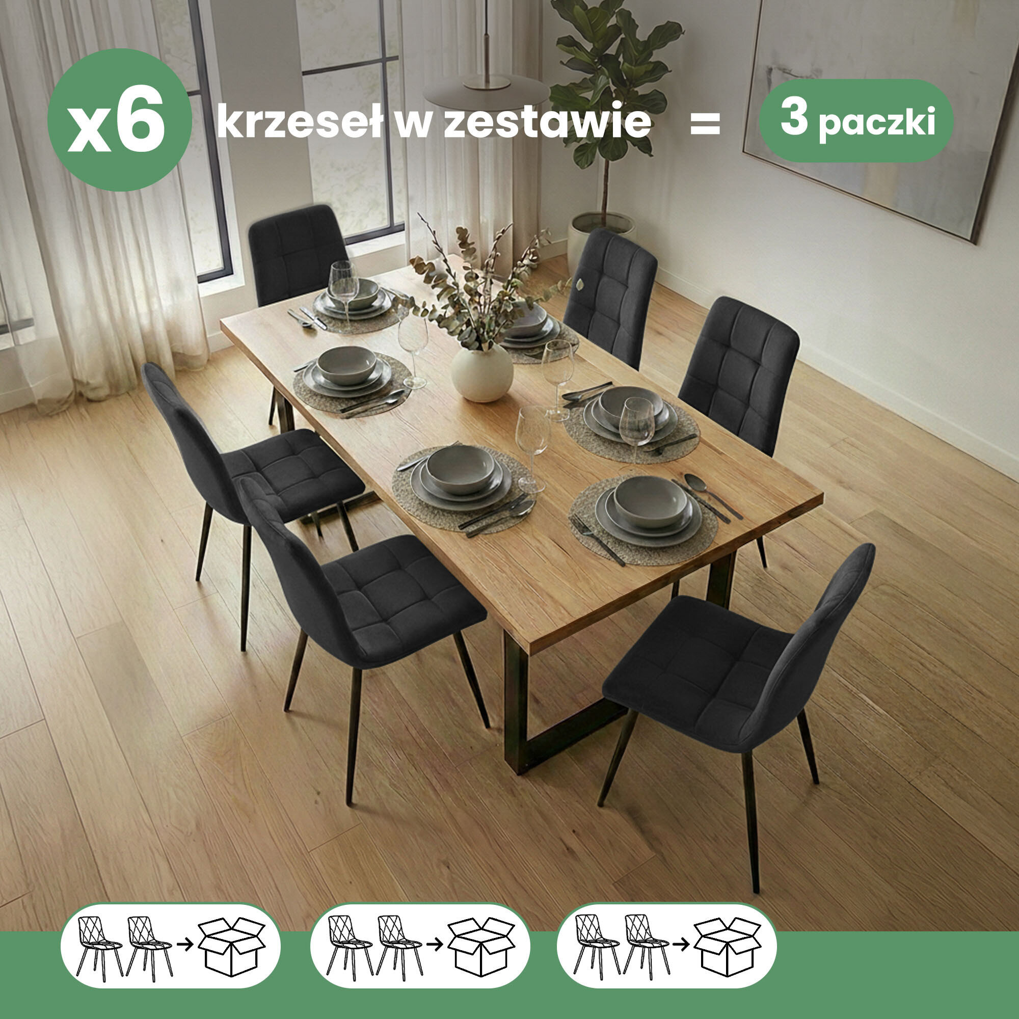 Na obrazie znajduje się drewniany stół z sześcioma czarnymi, pikowanymi krzesłami wokół niego. Tekst na obrazie: \'x6 krzeseł w zestawie = 3 paczki\'.
