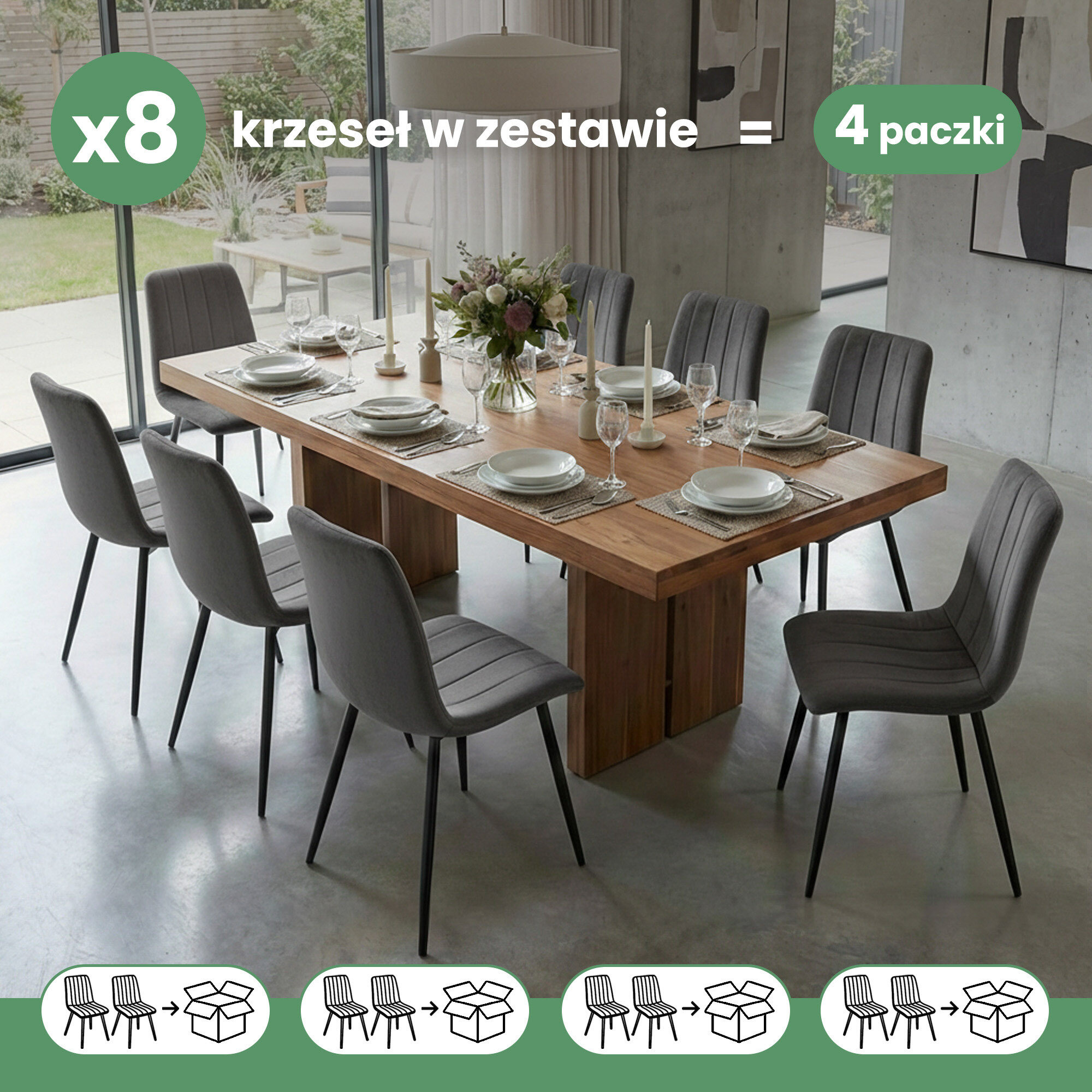 Na obrazie znajduje się drewniany stół otoczony ośmioma ciemnoszarymi, pikowanymi krzesłami z czarnymi nogami. Tekst na obrazie: \'x8 krzeseł w zestawie = 4 paczki\'.