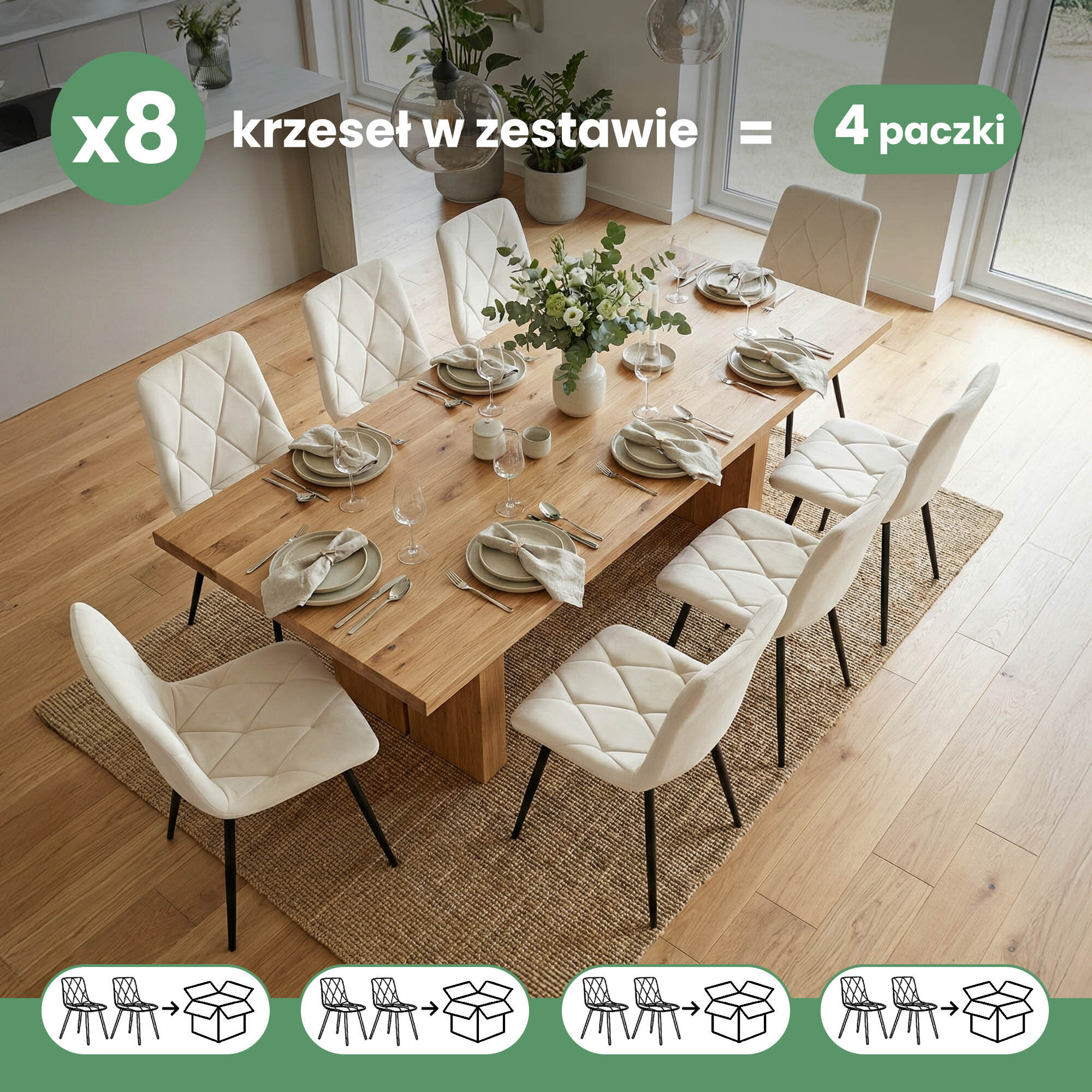 Na obrazie znajduje się drewniany stół otoczony ośmioma beżowymi, pikowanymi krzesłami z czarnymi nogami. Na stole ustawiono zastawę stołową i wazon z kwiatami, a w lewym górnym rogu widnieje napis \'x8 krzeseł w zestawie = 4 paczki\'.