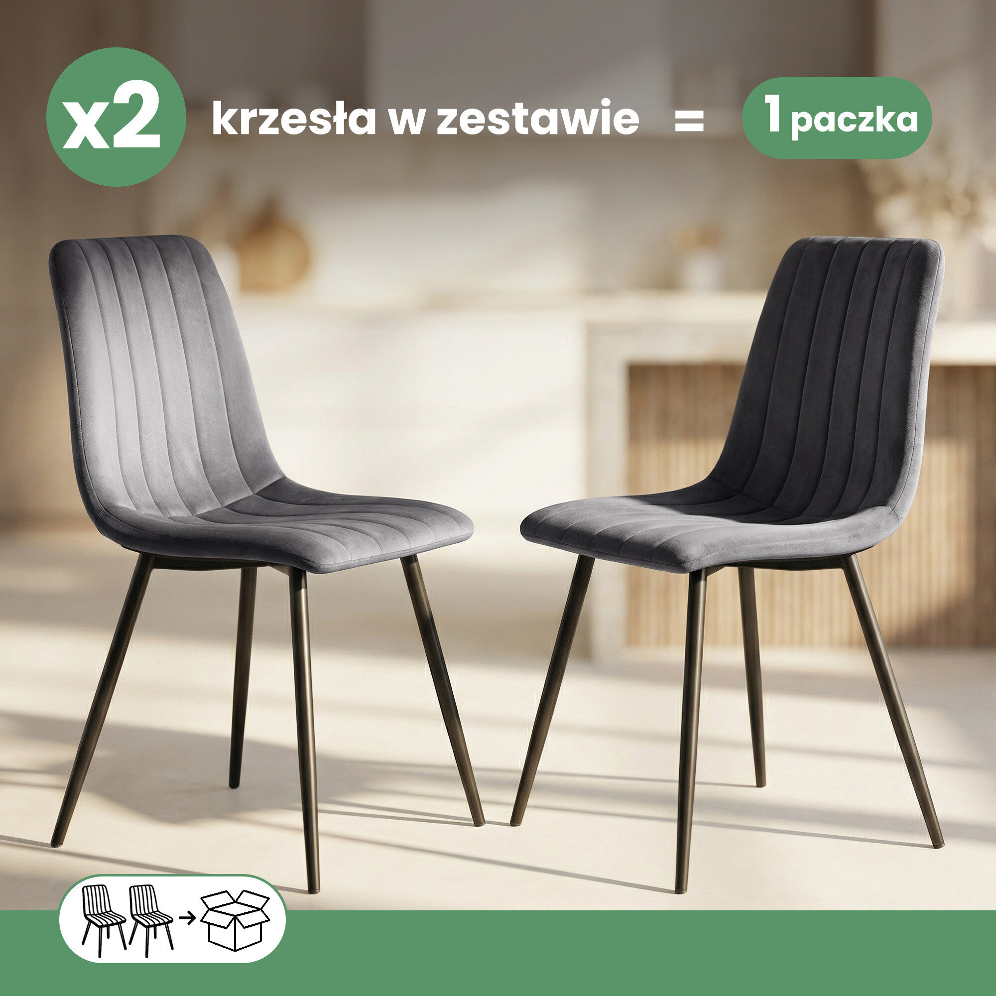 Na obrazie widoczne są dwa welurowe krzesła tapicerowane w ciemnym grafitowym kolorze z czarnymi nogami. Tekst na obrazie: \'x2 krzesła w zestawie = 1 paczka\'.