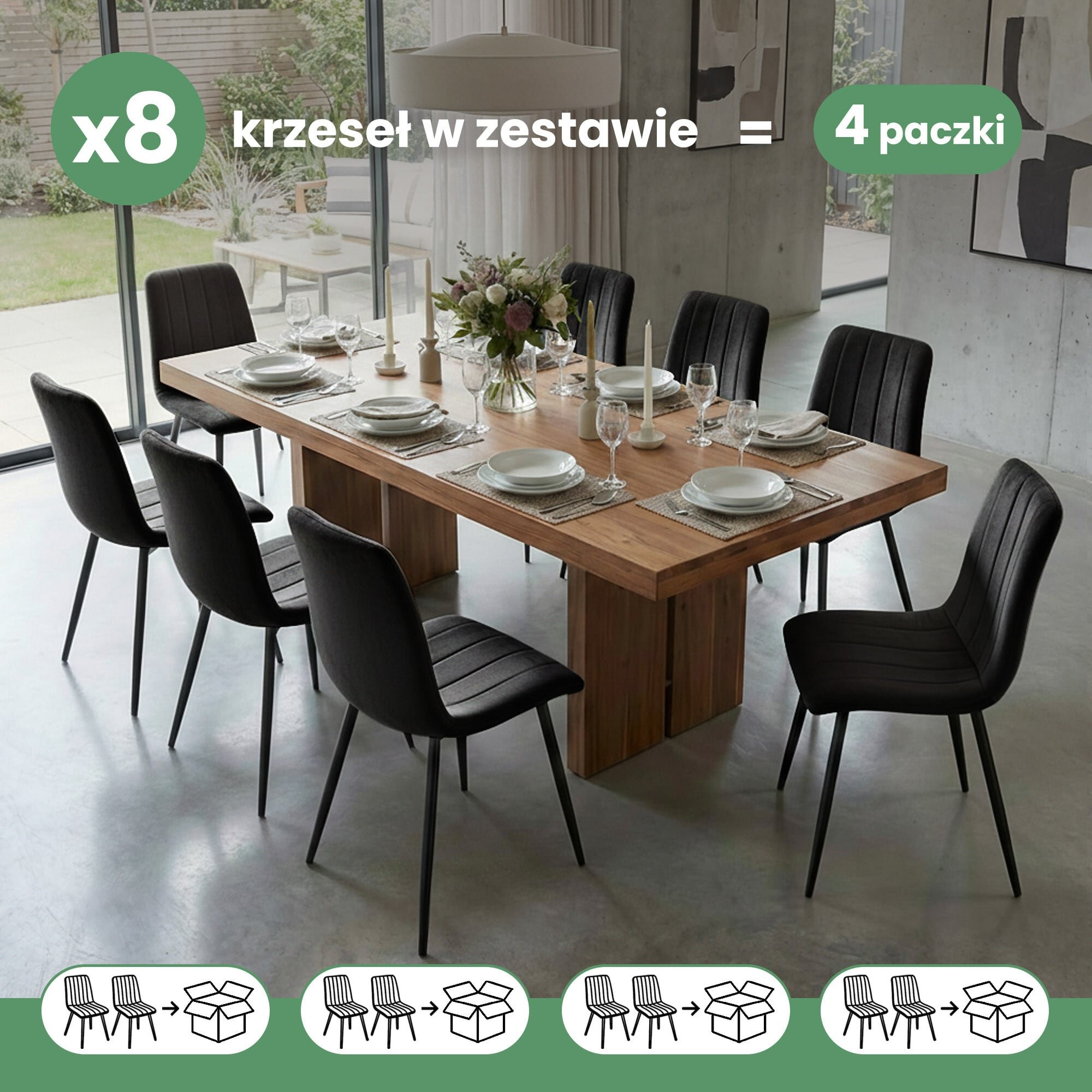 Na obrazie znajduje się drewniany stół z zastawą stołową, otoczony ośmioma czarnymi, pikowanymi krzesłami. Na górze widnieje napis \'x8 krzeseł w zestawie = 4 paczki\'.