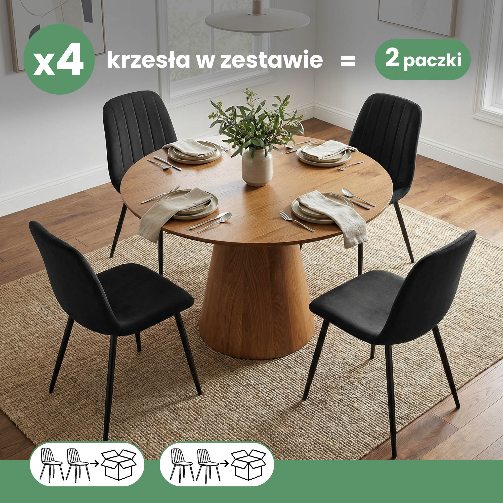 Na obrazie widoczny jest okrągły drewniany stół z czterema czarnymi, welurowymi krzesłami wokół niego. Na górze obrazu znajduje się tekst: \'x4 krzesła w zestawie = 2 paczki\'.