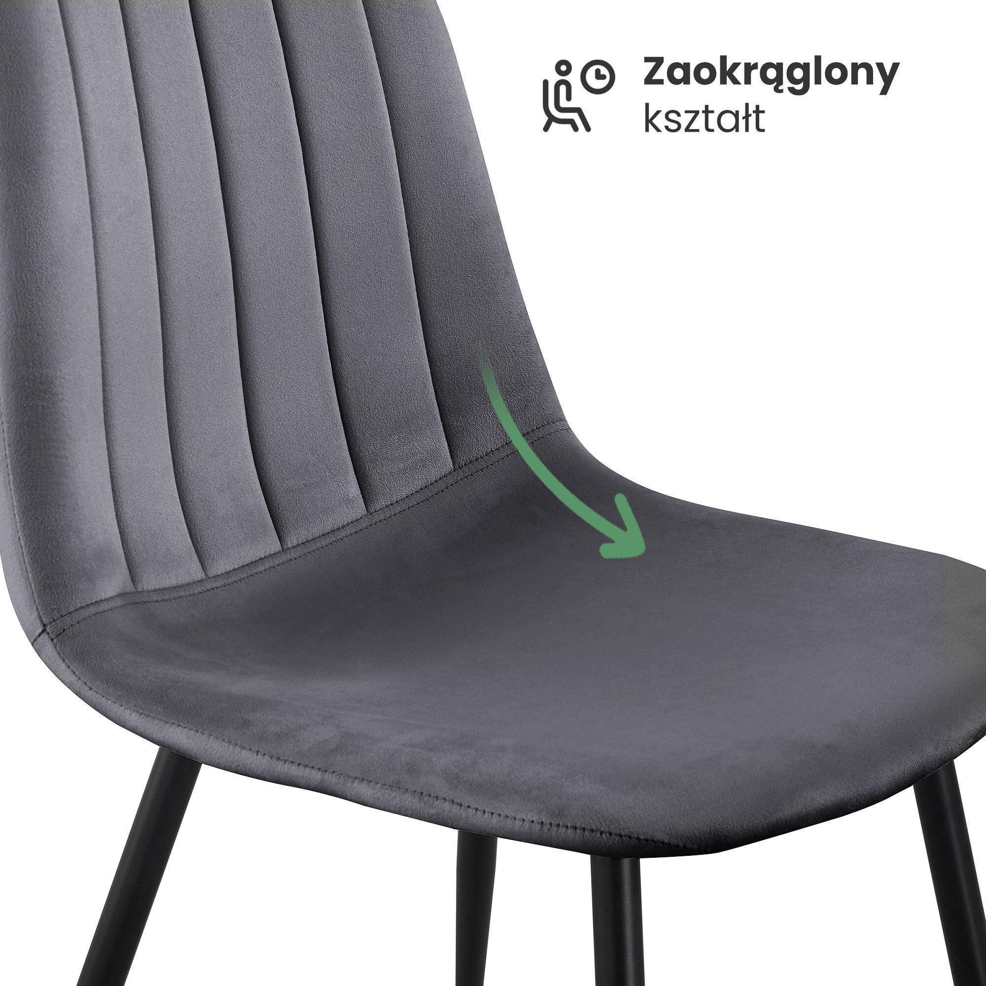 Welurowe krzesło tapicerowane w ciemnym graficie z czarnymi nogami, posiada zaokrąglony kształt siedziska. Obok znajduje się tekst: \'Zaokrąglony kształt\'.