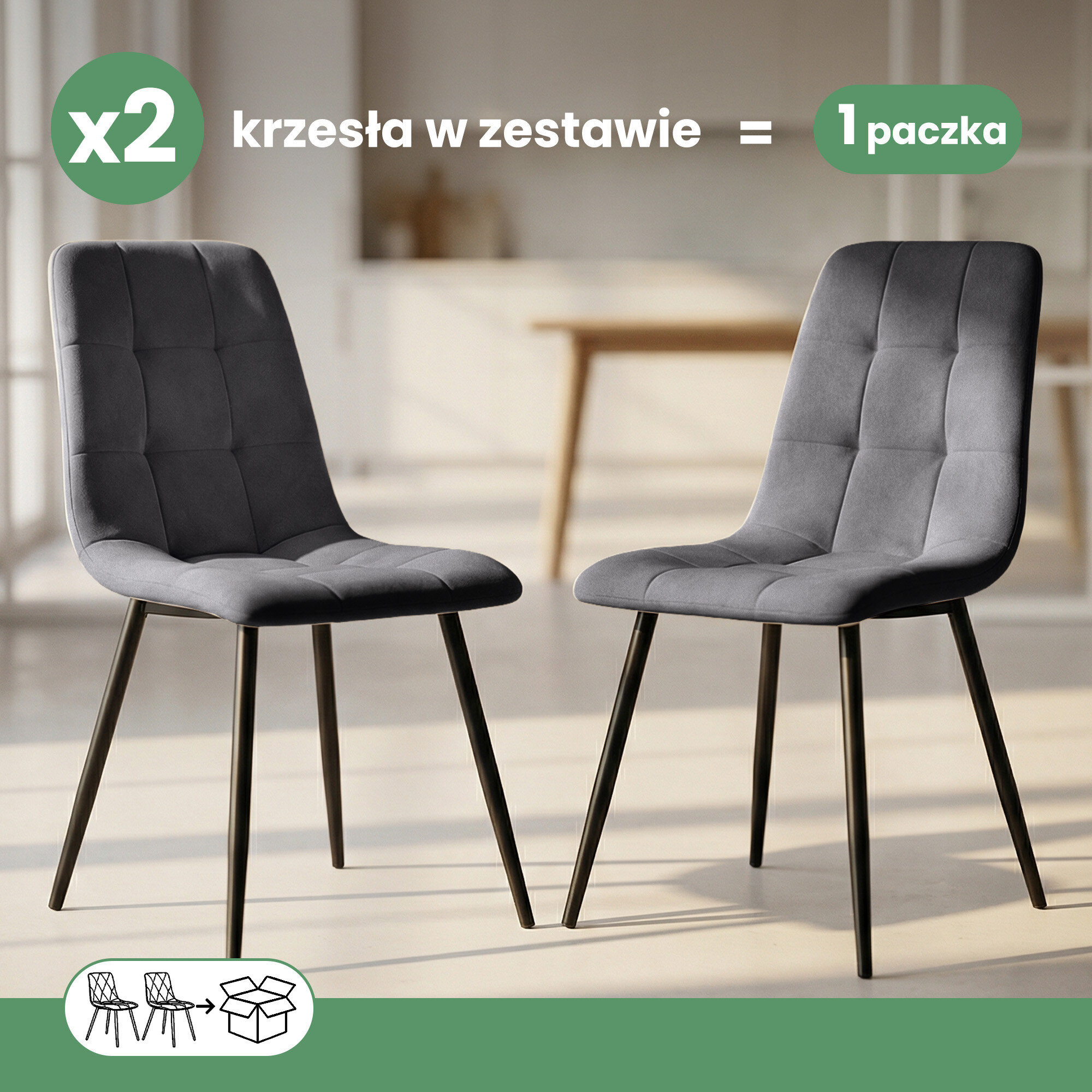 Dwa welurowe krzesła tapicerowane w ciemnym graficie z czarnymi nogami stoją w jasnym wnętrzu. Tekst na obrazie: \'x2 krzesła w zestawie = 1 paczka\'.
