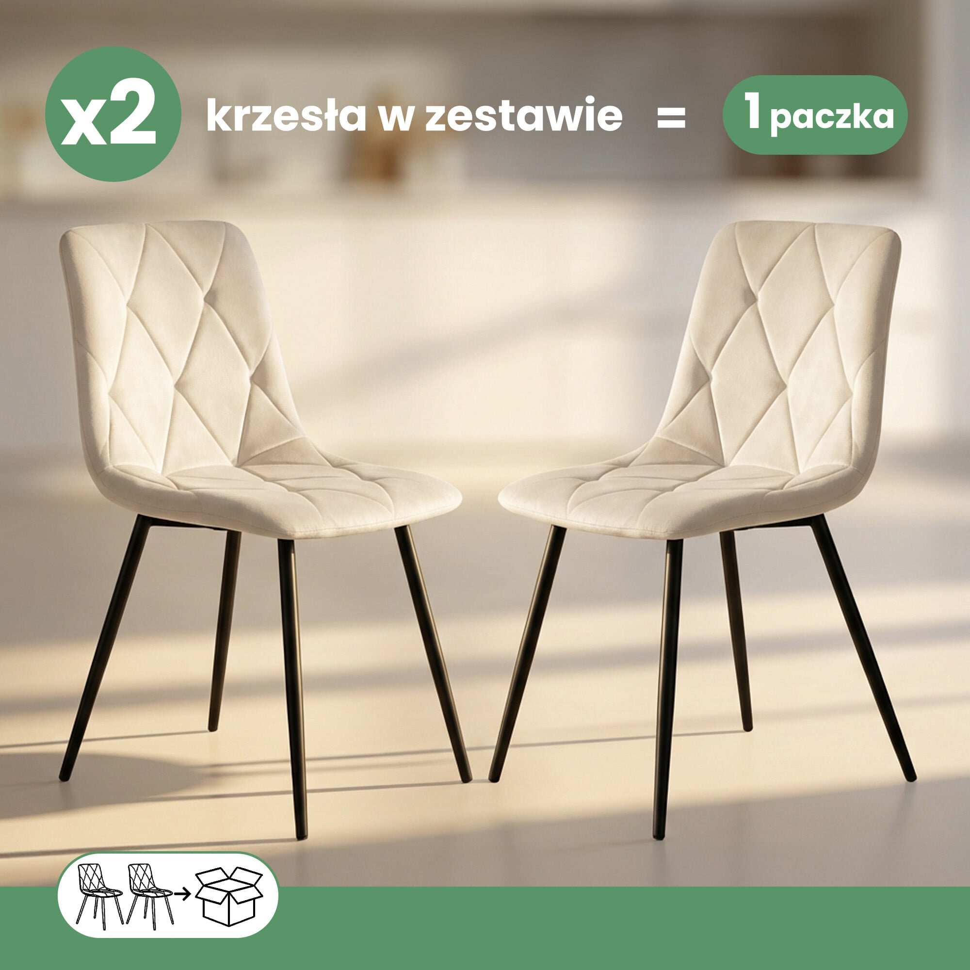 Dwa beżowe, pikowane krzesła welurowe z czarnymi nogami stoją obok siebie. Na obrazie widnieje tekst: \'x2 krzesła w zestawie = 1 paczka\'.