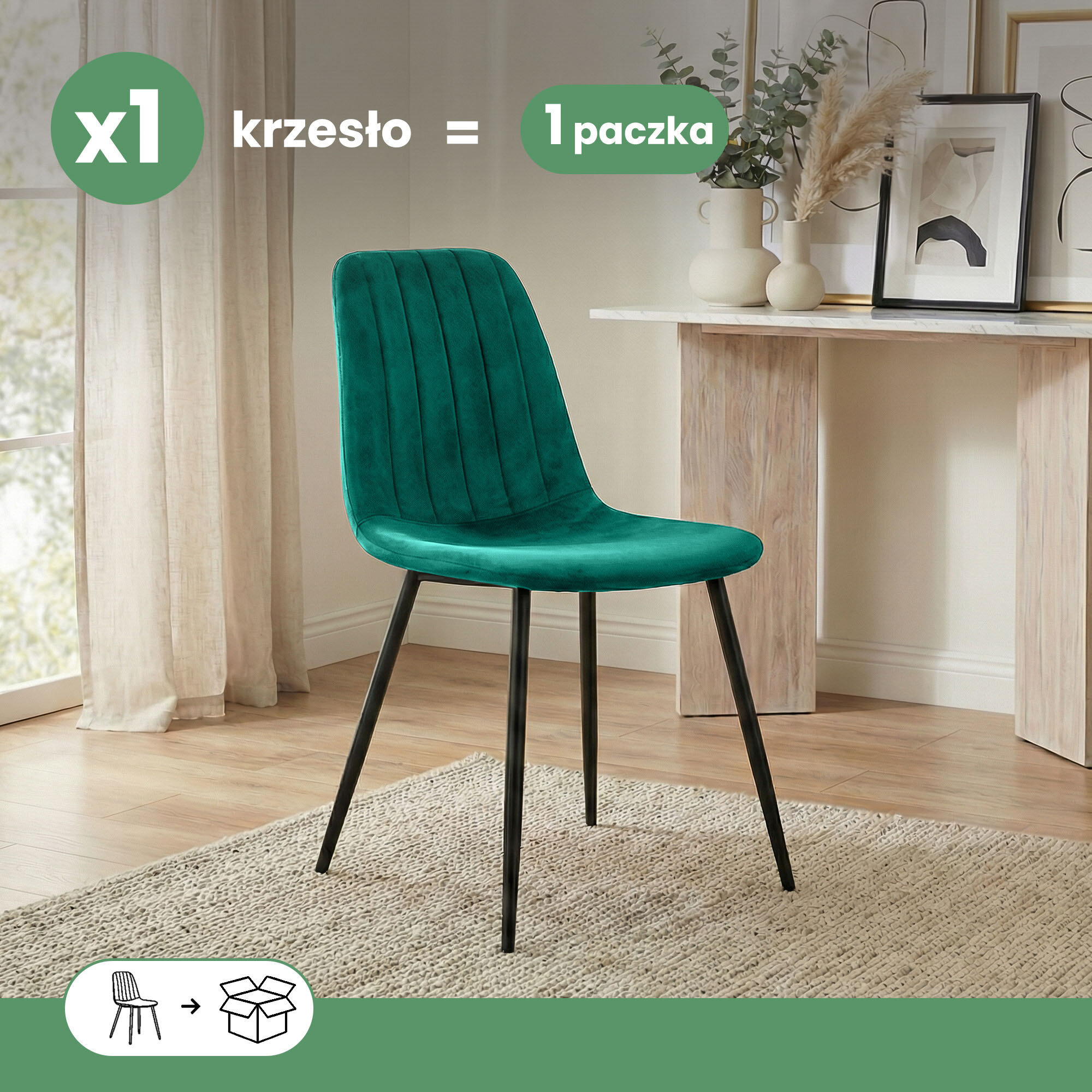 Welurowe krzesło tapicerowane w kolorze butelkowej zieleni z czarnymi nogami stoi na dywanie w jasnym wnętrzu. Na obrazie widoczny jest tekst: \'x1 krzesło = 1 paczka\'.