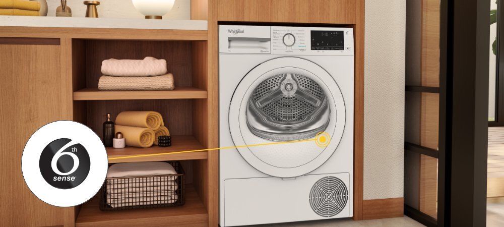 SUSZARKA WHIRLPOOL C WSD 74M WWS PL lifestyle wizualizacja suszarka front oznaczenie ikona Technologia 6. Zmysł półki ręczniki kosz dekoracje