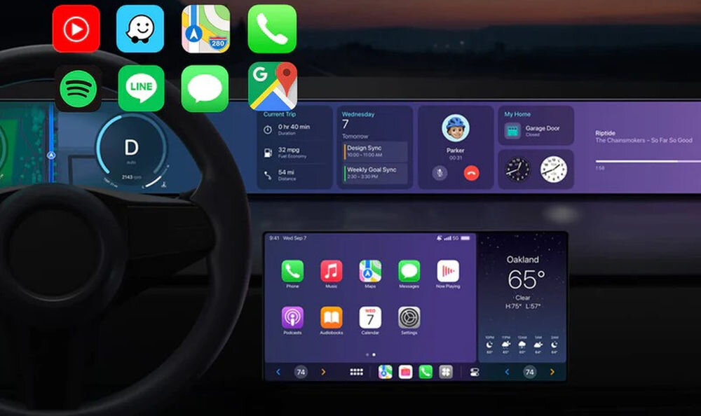Adapter OTTOCAST CA505-T Mini CarPlay Android Auto bezprzewodowe CarPlay automatyczne łączenie smartfona z systemem samochodu, wnętrze auta z włączoną stacją multimedialną