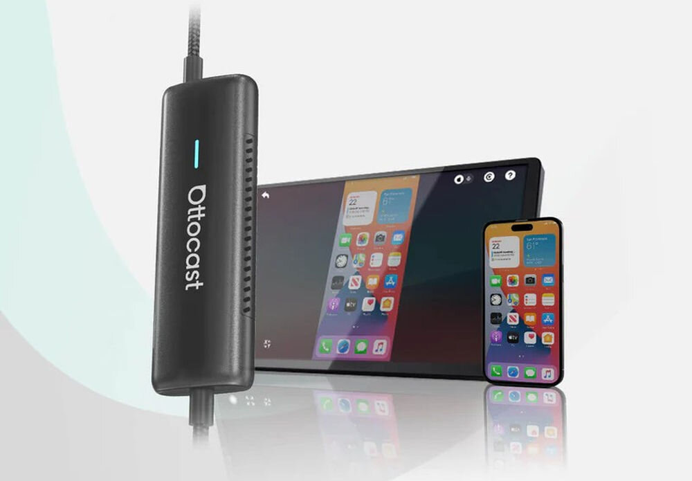 Adapter OTTOCAST CA450-T Mirror Touch CarPlay sterowanie telefonem w samochodzie integracja smartfona z ekranem auta, adapter wraz z tabletem oraz smartfonem