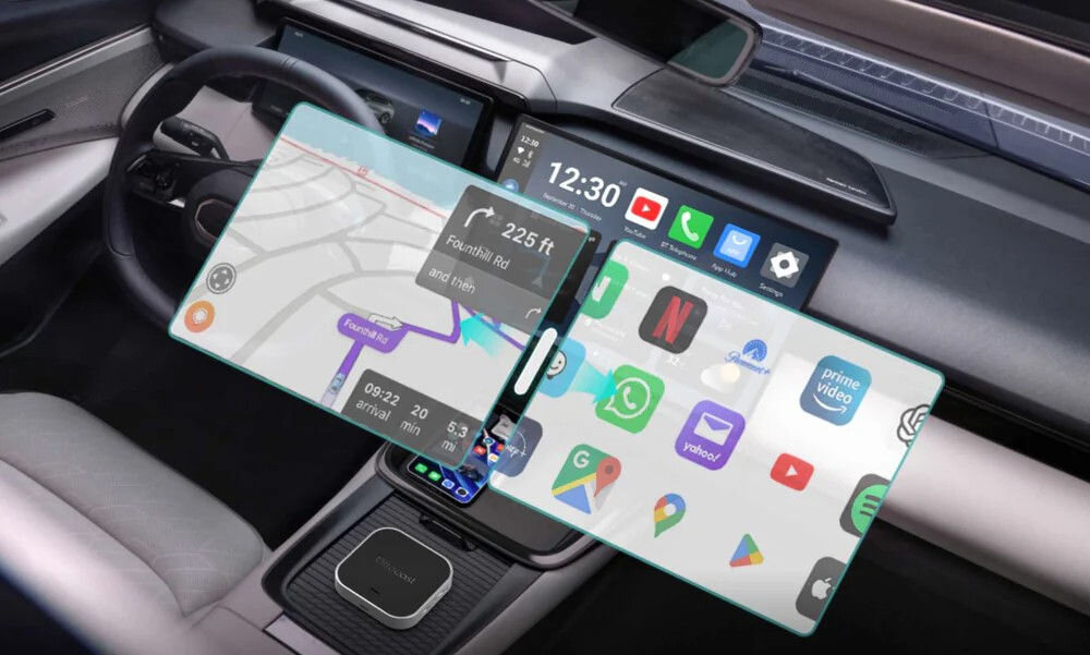 Adapter OTTOCAST PCS55-T OttoAibox E2 CarPlay Android Auto podzielony ekran aktualizacje FOTA instalacja plug and play USB, adapter podłączony pod radio multimedialne