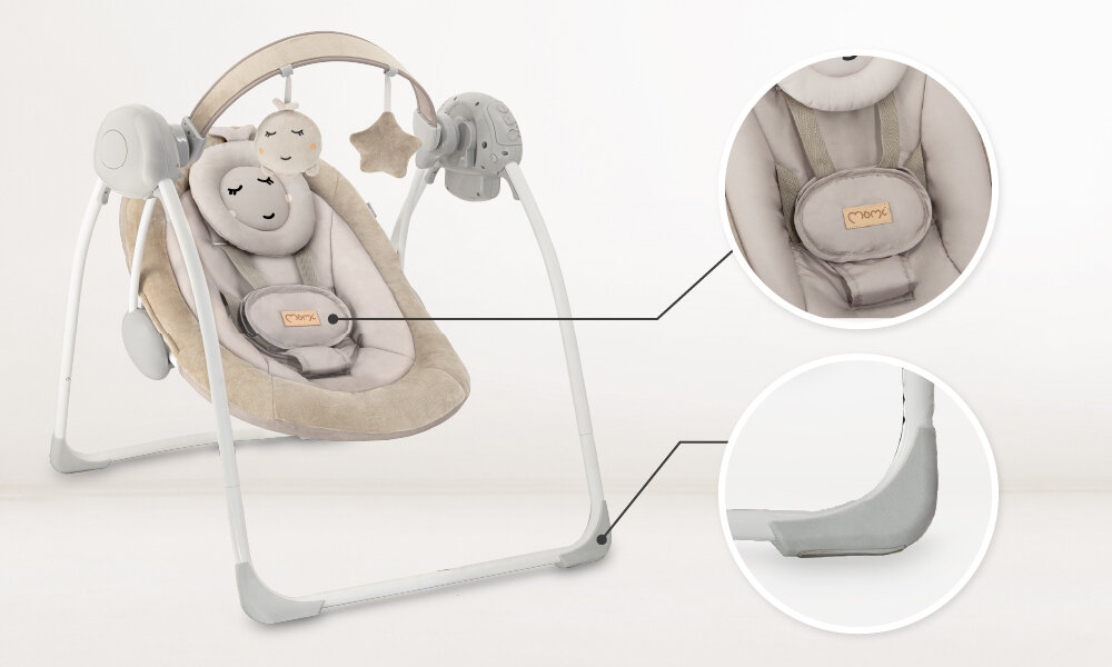 Bujaczek MOMI Liss Beżowy Stabilność każdego dnia Solidna konstrukcja szeroki rozstaw nóg Antypoślizgowe podkładki poczucie bezpieczeństwa 5-punktowe pasy bezpieczeństwa szeroki pas krokowy  pozycja