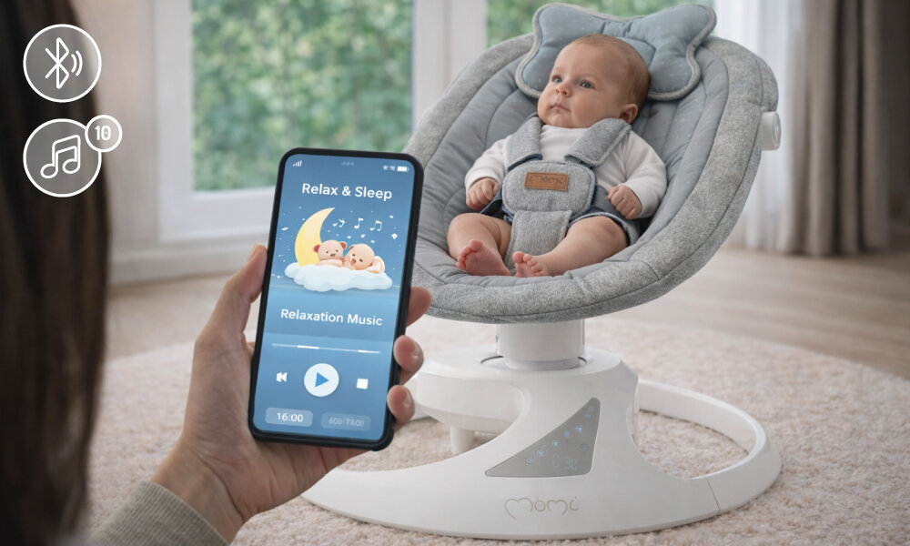 Bujaczek MOMI Pearl Szary Muzyka i własne dźwięki 6 melodii 4 odgłosy natury relaks atmosfera funkcji Bluetooth odtwarzać ulubioną muzykę z telefonu dopasowanie wsparcie