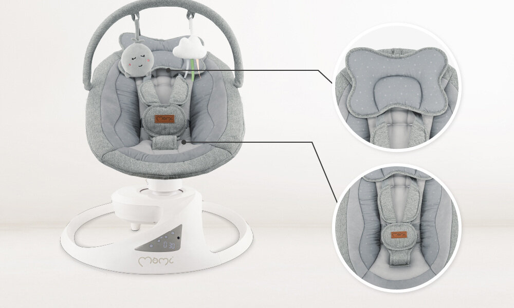 Bujaczek MOMI Pearl Szary Bezpieczna pozycja dziecka 5-punktowe pasy poczucie bezpieczeństwa  wspiera odpowiednie ułożenie głowy i kręgosłupa