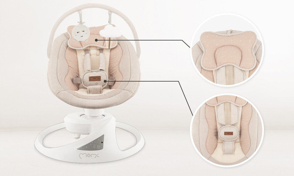 Bujaczek MOMI Pearl Beżowy Bezpieczna pozycja dziecka 5-punktowe pasy poczucie bezpieczeństwa  wspiera odpowiednie ułożenie głowy i kręgosłupa