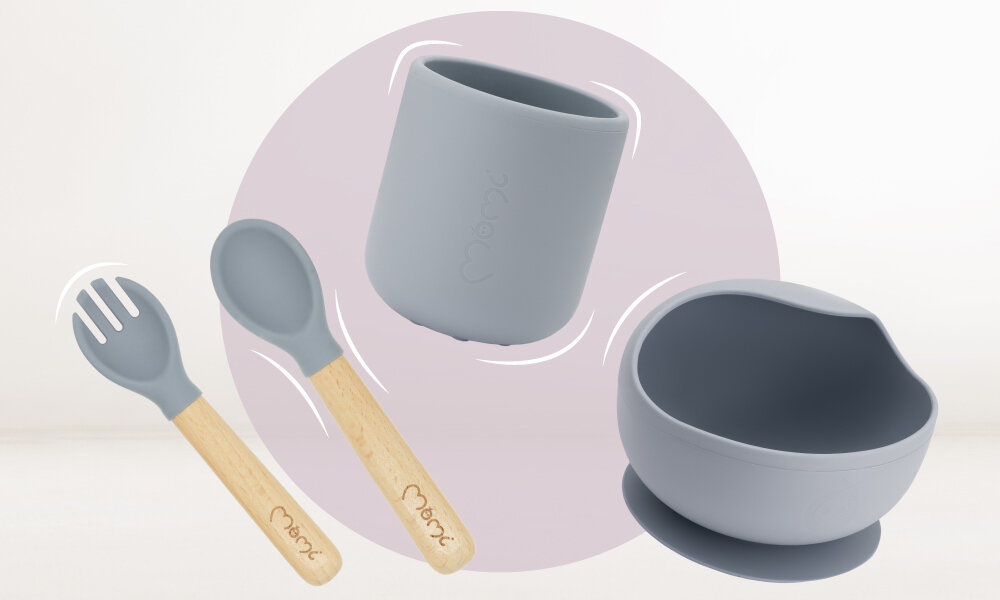Zestaw naczyń MOMI Ami Szary Nauka samodzielnego jedzenia Zaokrąglone, ergonomiczne kształty wysokie krawędzie naczyń Sztućce dopasowane do małych dłoni rozwój koordynacji ruchowej