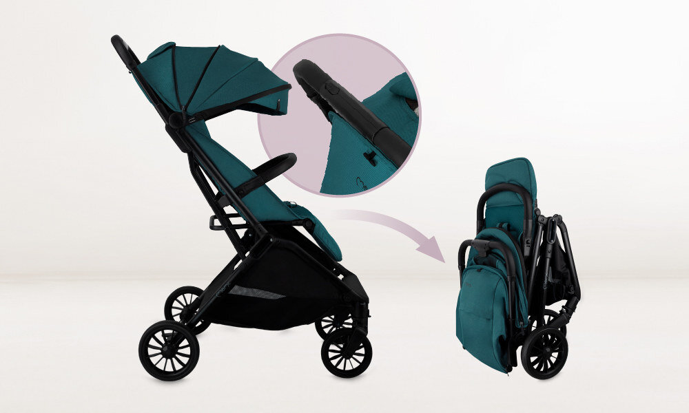 Wózek spacerowy MOMI Andrea Turkusowy Automatyczne składanie System samoczynnego składania jednym przyciskiem stoi w pionie